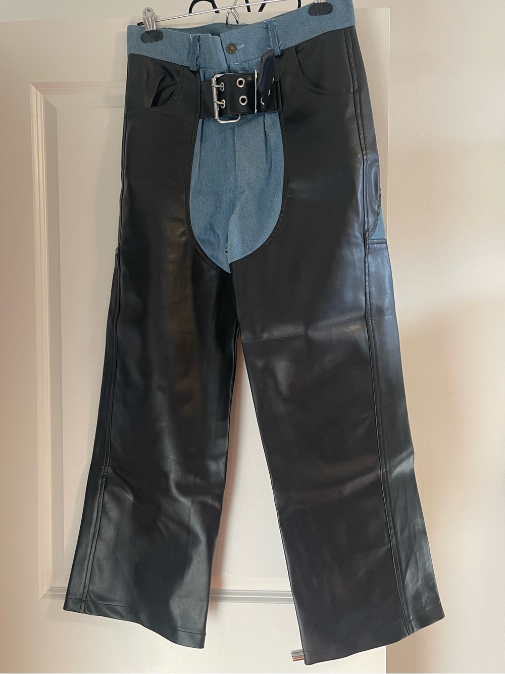 Black Nappa Faux leather chaps Blue Denim Pants - Costume